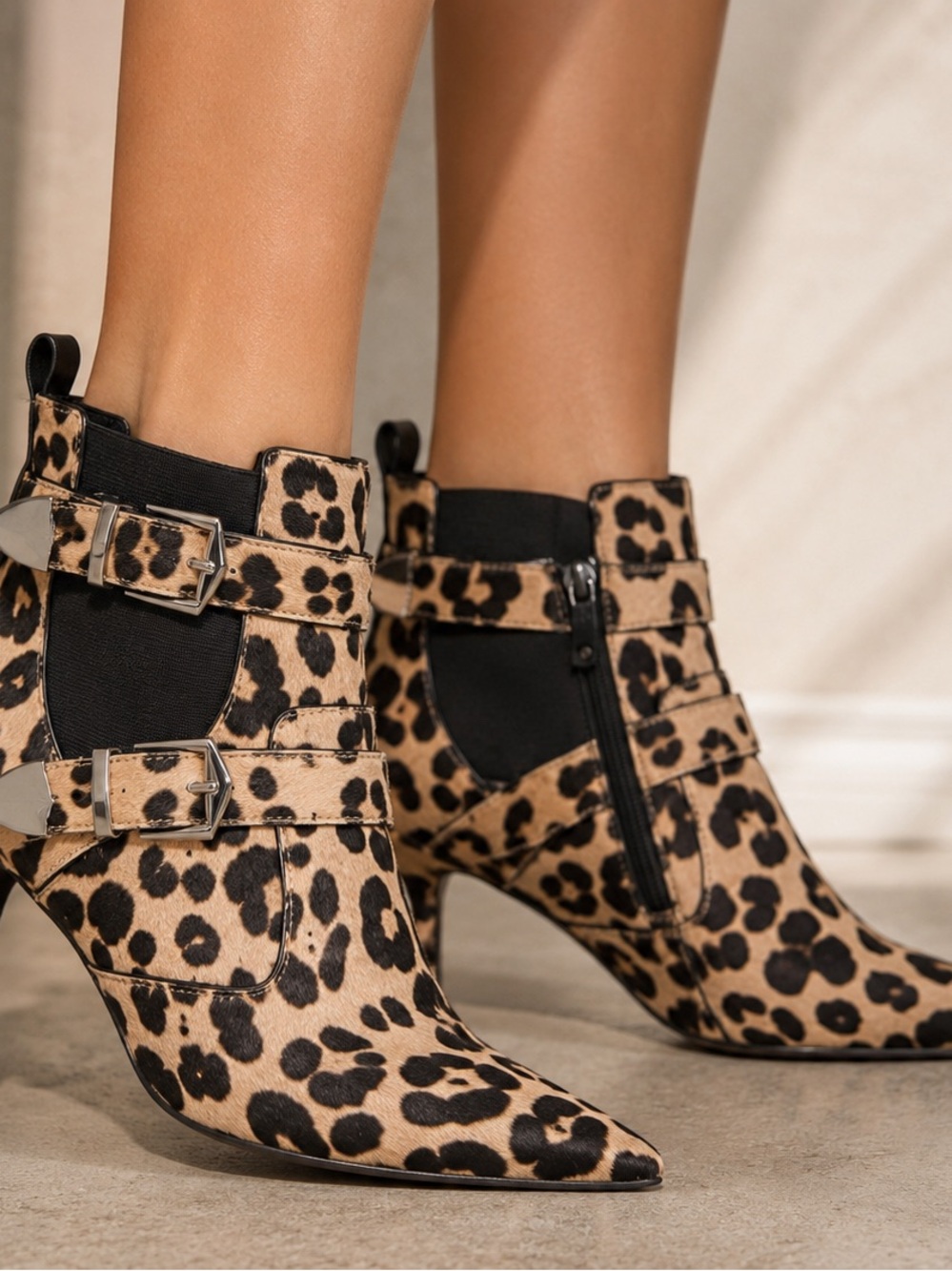 Linea Paolo Nikita Leopard Haircalf Pointed Toe Buckle Ankle Boots 5.5